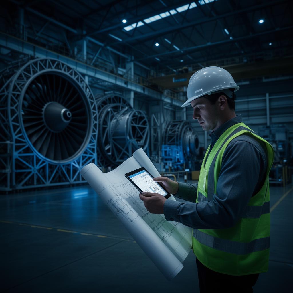 Engineer reviewing blueprints in industrial facility